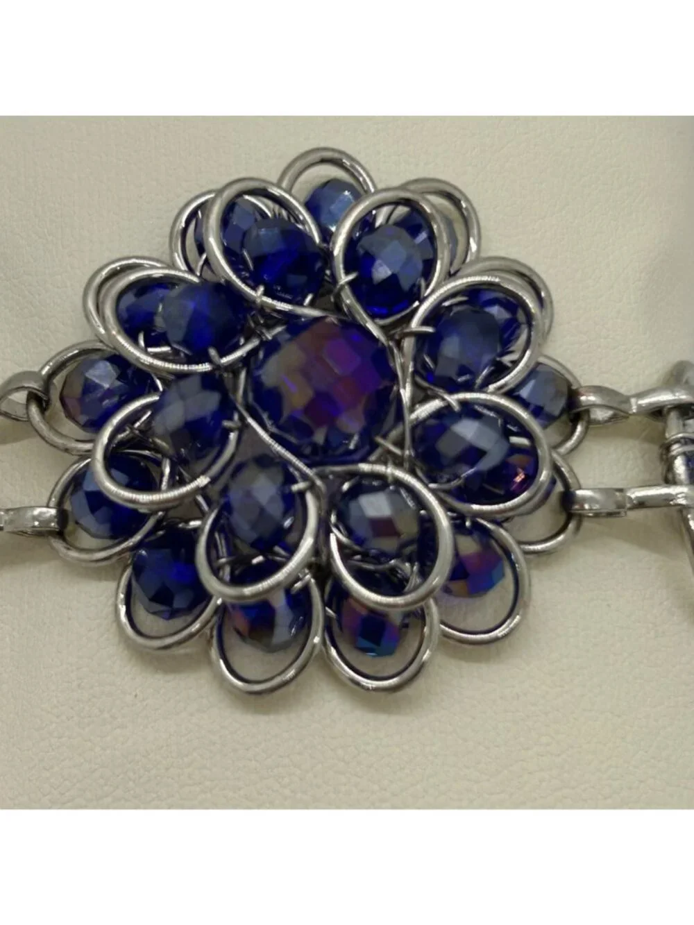 Handcrafted Silver-Tone Blue Rhinestone Crystal Floral Rosette Toggle Clasp Stat